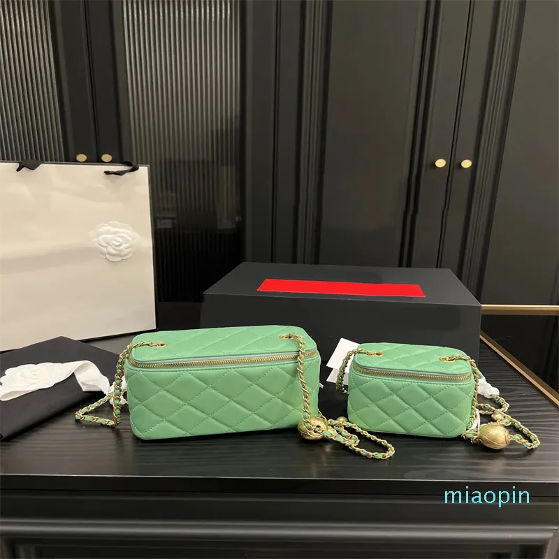 2023-Green Golden Ball Metal Chain Bags Luxo Sheepkin Zipper Makeup Bag Classic Diamond Quilted Cosmetic Case Fashion Shoulder Crossbody Bags Designer