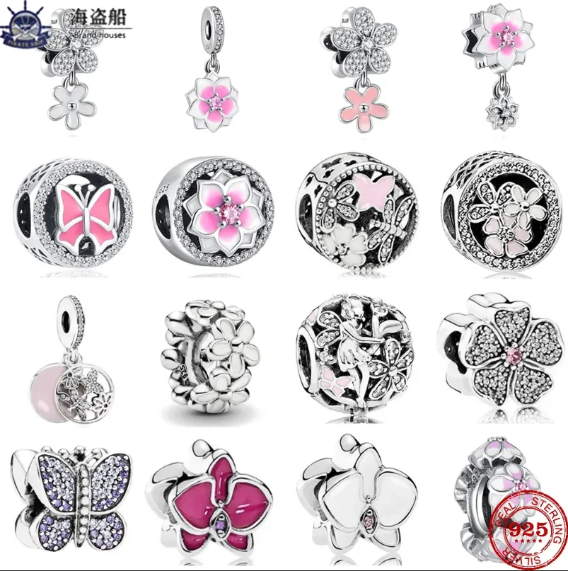 För Pandora Charms Authentic 925 Silver Pärlor Dangle Flower Flower Fairy Fjärilspärlan