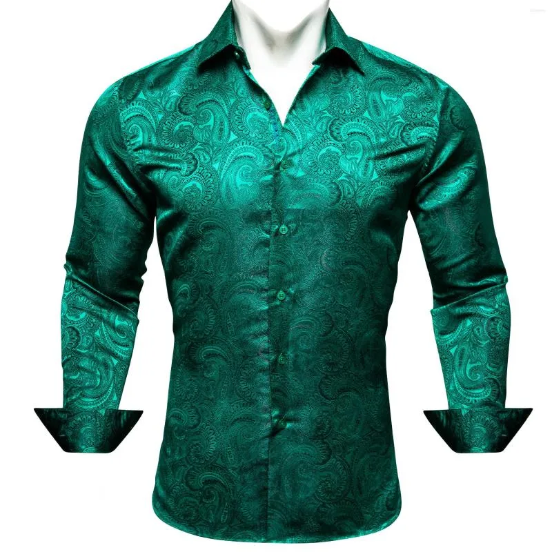 Мужские повседневные рубашки роскошь для мужчин шелковой зеленый пейсли с длинными рукавами вышитая кнопка вниз по верху