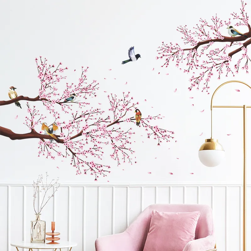 Peach Blossom Tree Wall Sticker Uccelli Stickers murali Fiori Uccelli Sticker Stickers murali Camera da letto Camera dei bambini Carta da parati