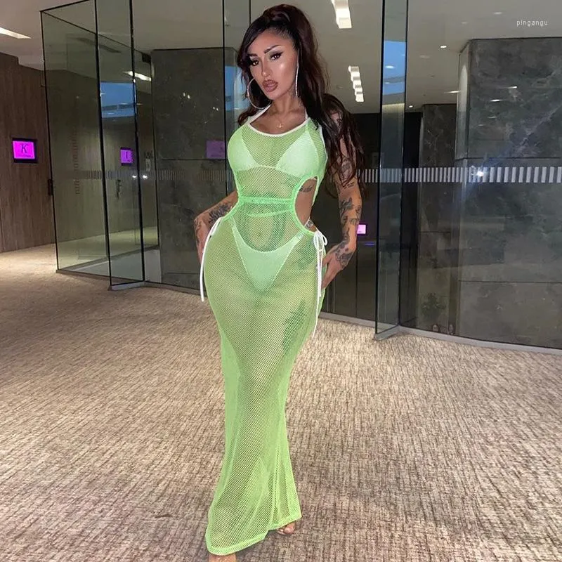 Casual Dresses DSMTRC Sexy See Through Birthday Outfit For Women Summer Sheer Tank Mesh Cut Out Bodycon Sleeveless Maxi Dress