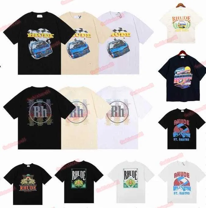 Camisas masculinas de verão T-shirts femininas Rhude para homens Letra pólos Camisetas bordadas Roupas camiseta de manga curta Camisetas grandes Bege Branco Preto