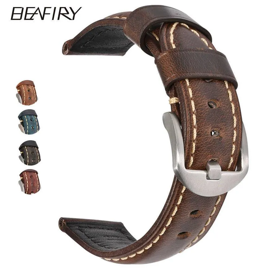 Beafiry Mode Öl Wachs Echtes Leder Uhrenarmband 19mm 20mm 21mm 22mm 23mm 24mm Uhrenarmbänder Uhrenarmbänder Gürtel Braun Blau Schwarz H09308M