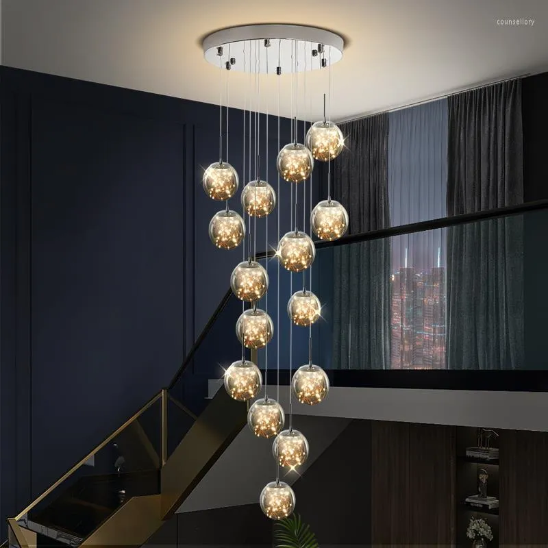 Luminárias pendentes LED espiral moderna sala de estar luz villa loft jantar cozinha bola de cristal escada longa