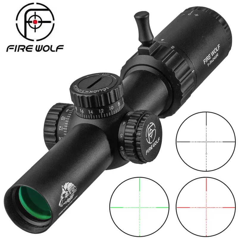 Fire Wolf 1-5x24 IR SCOPE RIFLE التكتيكية واسعة الزاوية Airsoft Riflescope الصيد البصريات مشهد أحمر الضوء الأخضر الأحمر