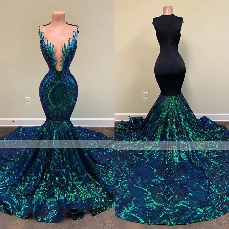 Lantejoulas verde brilhante longo vestidos de baile sem mangas africano preto meninas sereia formal noite gala vestidos personalizados c0417