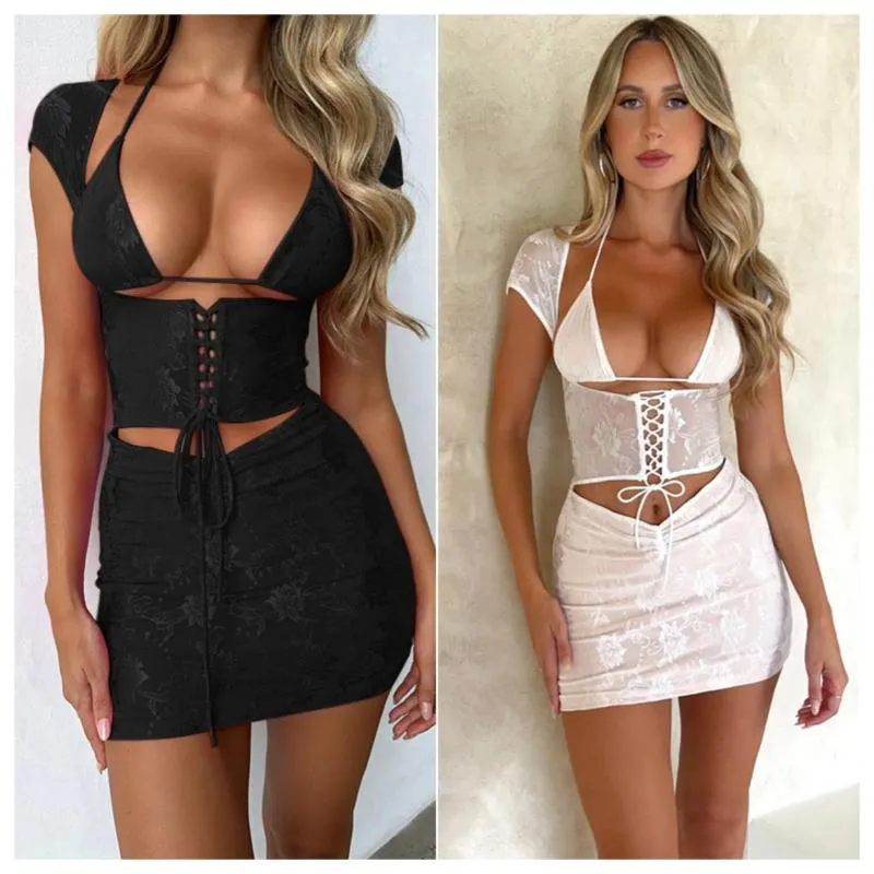 Tute da donna 2023 Summer Sexy 3 pezzi Dress Set Fashion Women's Hollow Out Halter manica corta fasciatura abiti corsetto di pizzo sottile