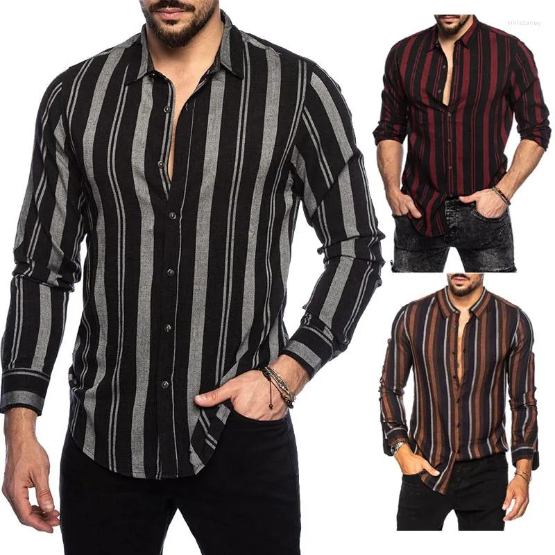 Men's Casual Shirts Men Striped Fashion Buckle Lapel Long Sleeve Streetwear Man Turn-down Collar Social Camisa Masculina