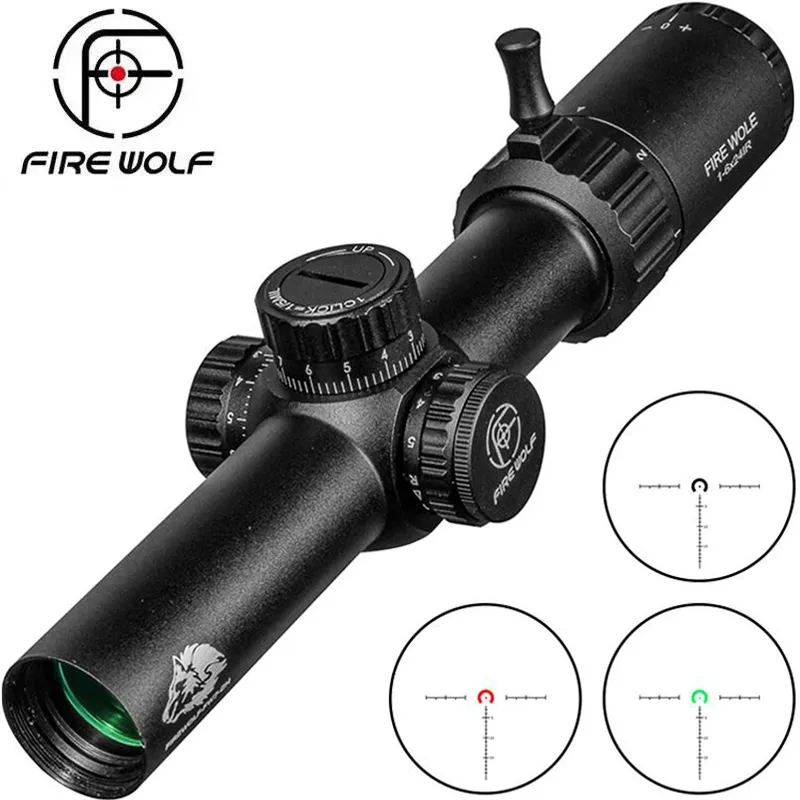 FIRE WOLF HD 1-6X24 Mira de vidro gravado Mira óptica de campo amplo Infravermelho Compact Hunting Scope Tactical Rifle Scope