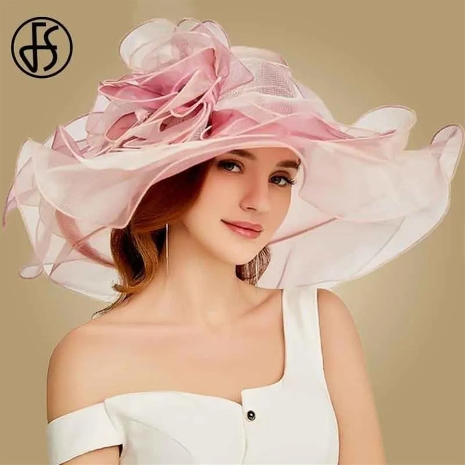 Chapéu de derby de Kentucky rosa FS para mulheres chapéus de sol de organza flores elegantes verão grande aba larga senhoras casamento igreja fedoras T200602201v