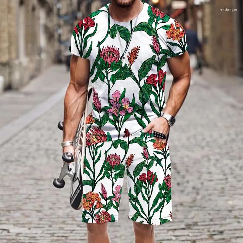 Men's Tracksuits Summer Men's Sets Short Sleeve Tshirt Pants 2 Piece Vintage Botanical Flower Pattern 3D Printed Oversized SportsWear