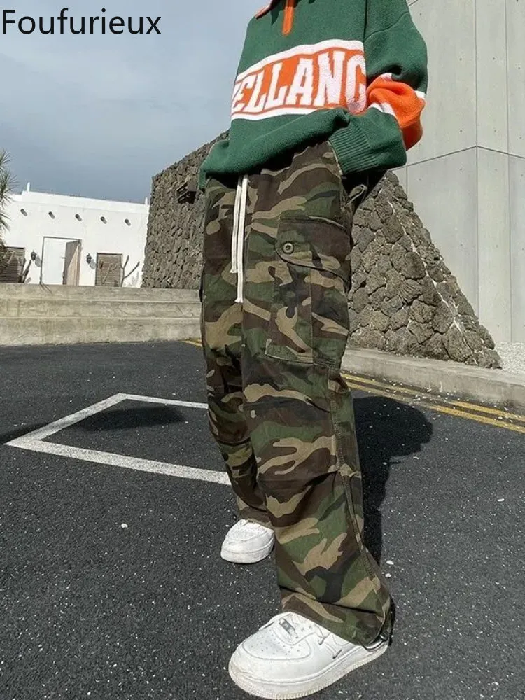 Pantaloni da uomo Foufurieux Pantaloni cargo da uomo Baggy Fashion Streetwear Pantaloni da uomo Pantaloni cargo larghi Pantaloni a vita bassa Y2K Camouflage Army Pants Streetwear 230615