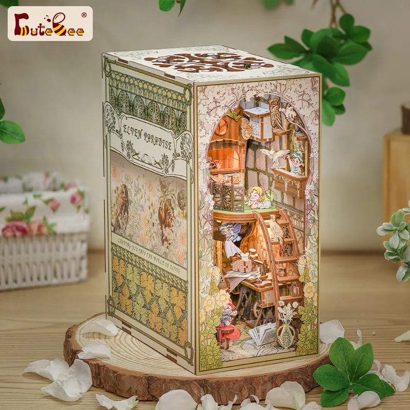 Arkitektur/DIY House Cutebee Book Nook Kit Diy Wood Doll House With Touch Light Elven Paradise Miniature Building Kits Model For Decompression Present 230614