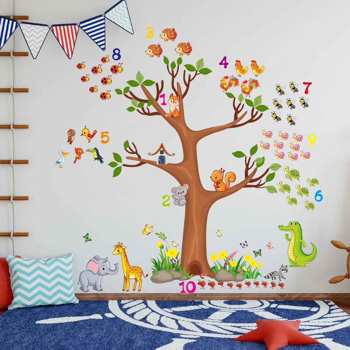 어린이 방 침실 만화 동물 벽 스티커 자체 접착 유치원 장식 벽 스티커 아이 선물을위한 큰 나무 새 벽화
