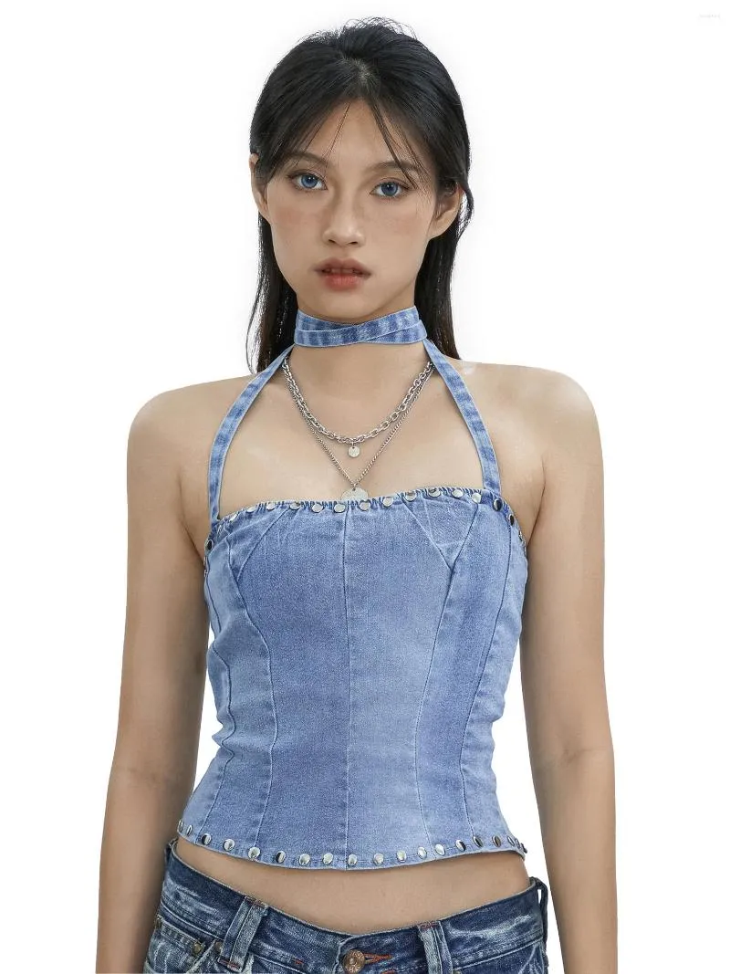 Dames Tanks Dames Denim Halter Tank Tops Mouwloos Blauw Slim Fit Rivet Push Up Bustier Tube Top Streetwear (Blauw S)