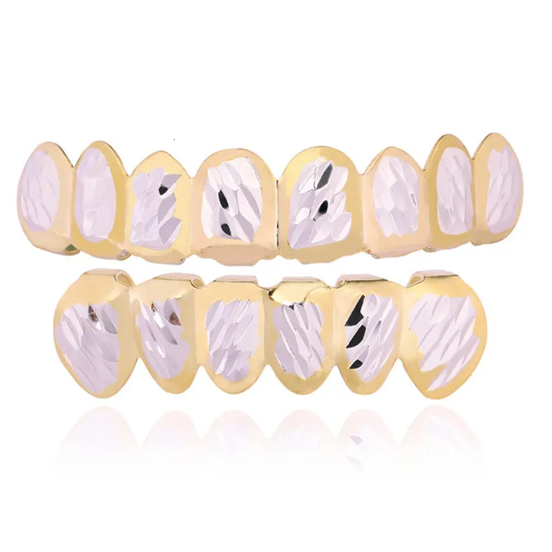 Nose Rings Studs Hip Hop Cubic Zircon Teeth Two Color Top Bottom Grills Dental Mouth Punk Tooth Caps Cosplay Rapper Jewelry 230614