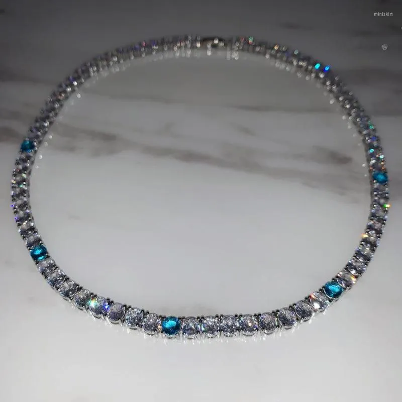 Anhänger Halsketten 5mm Weiß Blau Zirkonia CZ Tennis Kette Halskette Für Frauen 5A Stein Iced Out Bling Funken mode Kragen Schmuck