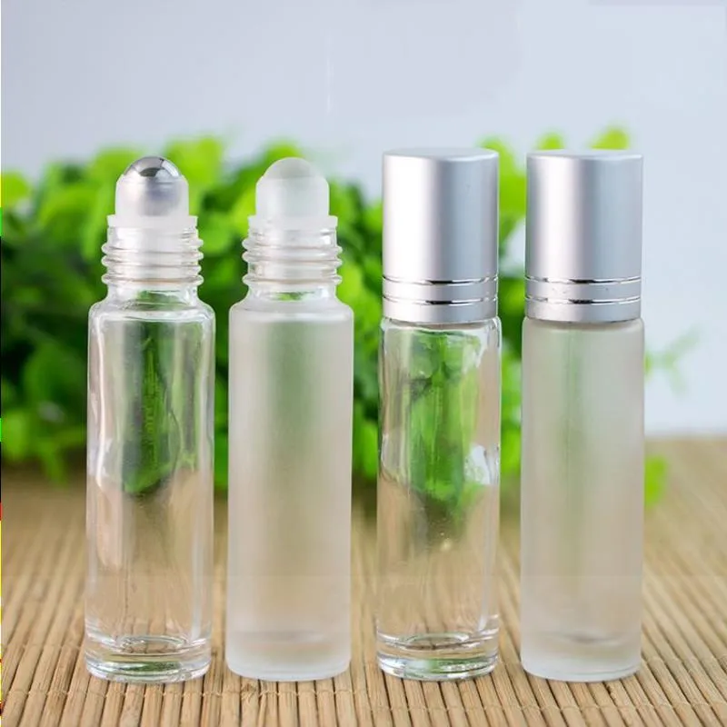 10 ml Essential Oil Roll-On-flaskor Transparent Frosted Glass Bottle Stainless Steel Roller Balls Silver Cap Roller flaskor Rieea