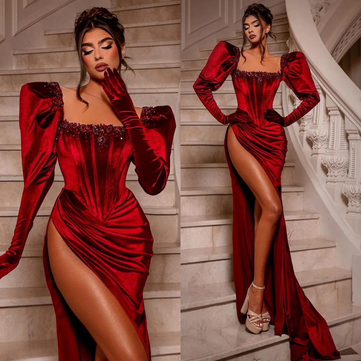 Elegante Veet Prom Kleider Perlen quadratische Nackenhüllen rote Party Abendkleider Falten Schlitz formelles langes Spezial Ocn Kleid