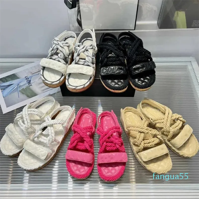 2023-Designer-Sandalen, Hanfseil, gewebte Sandale, Damen-Sandalen, geflochtene Slides, Plateau-Hausschuhe, modische Slipper, Kristall-Kalbsleder-Sandalen