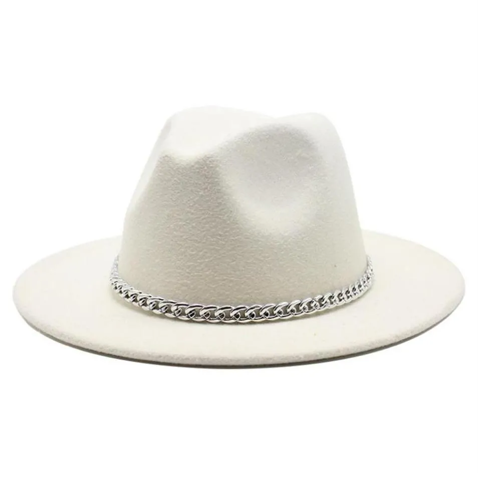 2020 Wysokiej jakości szerokie grzbiet fedora czapka kobiety imitacja wełniana wełna czapki z metalowym dekoracją łańcucha Panama Fedoras Chapeau Sombrero C281D