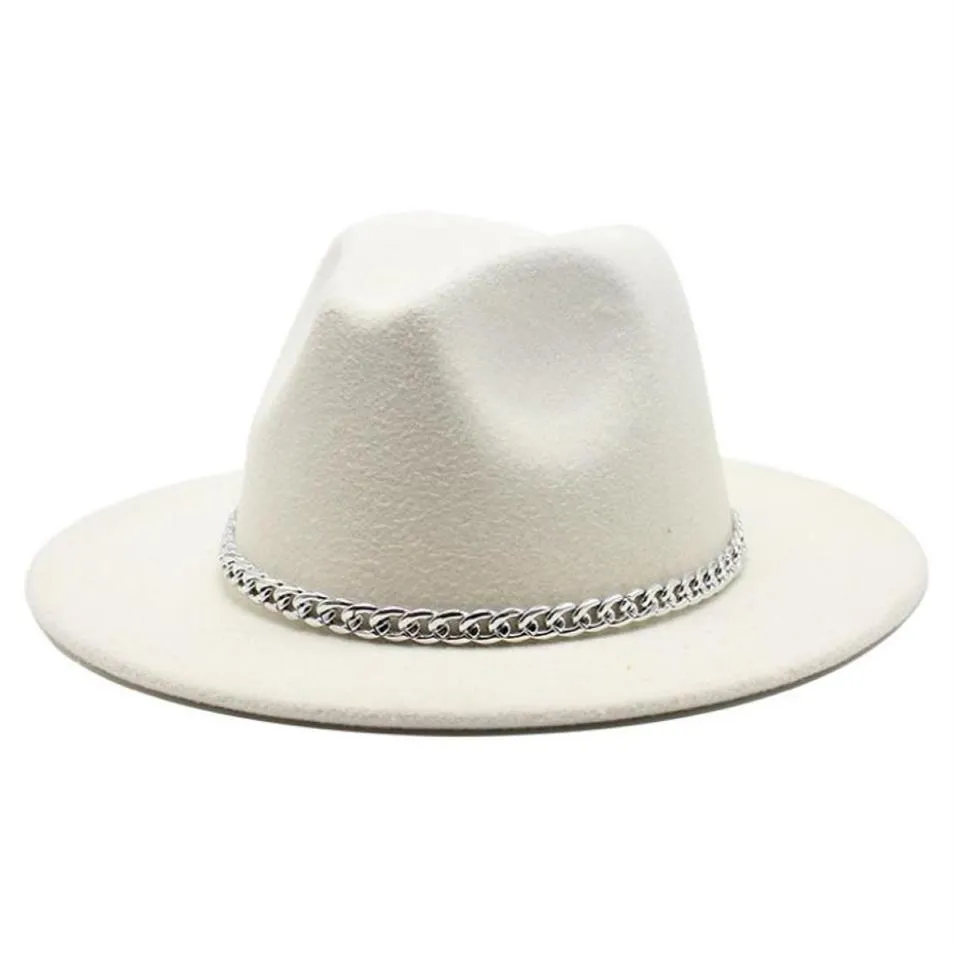 2020 Cappello Fedora a tesa larga di alta qualità Donna Uomo Cappelli in feltro di lana imitazione con decorazione a catena in metallo Panama Fedora Chapeau Sombrero C281d