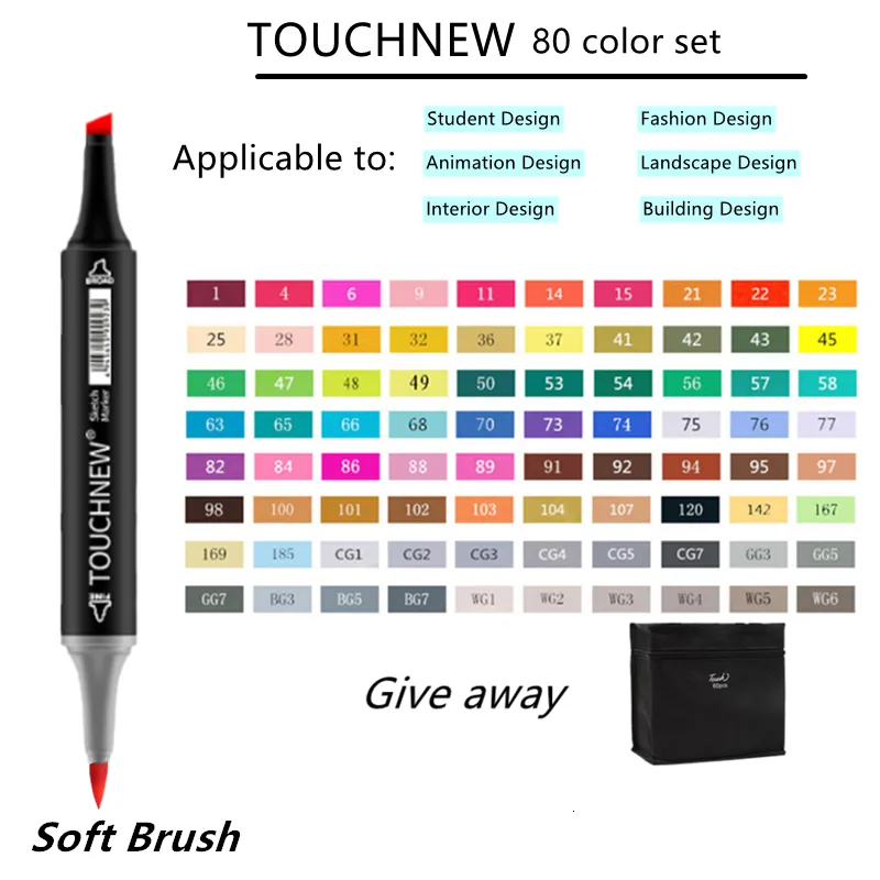 TOUCHNEW Marker 12/30/60/80/168 Colors Soft Brush Markers Pen