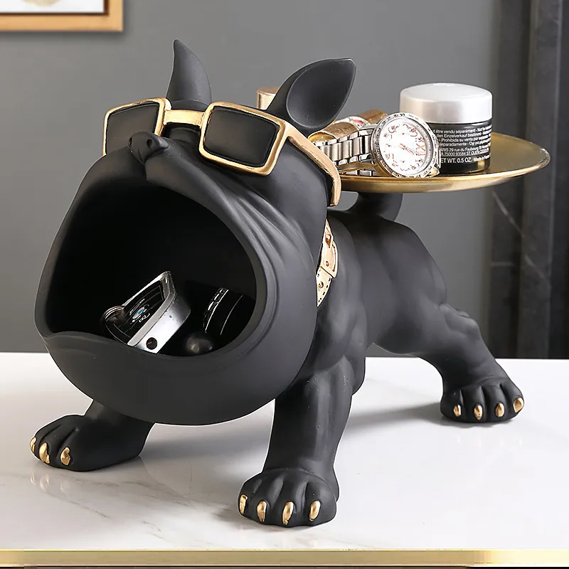 Decorative Objects Figurines Big Mouth French Bulldog Butler Storage Box Tray Key Holder Nordic Decor Resin Sculpture Figurine For Home Decor Dog Statue 230614