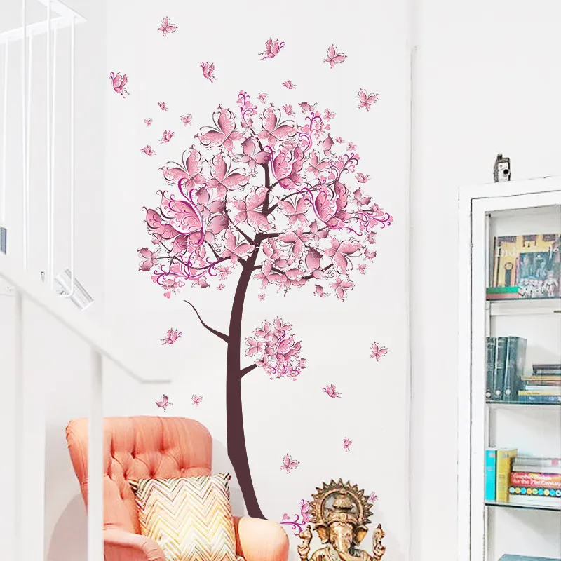 Rosa blommor träd fjärilar vägg klistermärken för flickor rum barn sovrum dekor pvc vägg konst diy hem dekaler