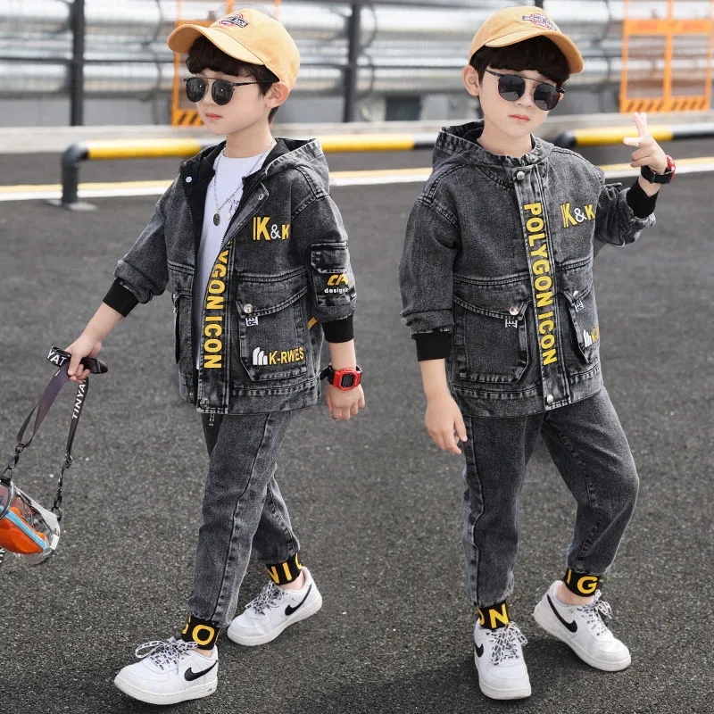 Clothing Sets Fall Jeans Tracksuit Kids Boys Cotton Hooded Denim Jackets Long Pants Two Piece Clothes Set Fashion Children Grey Outfits 230614