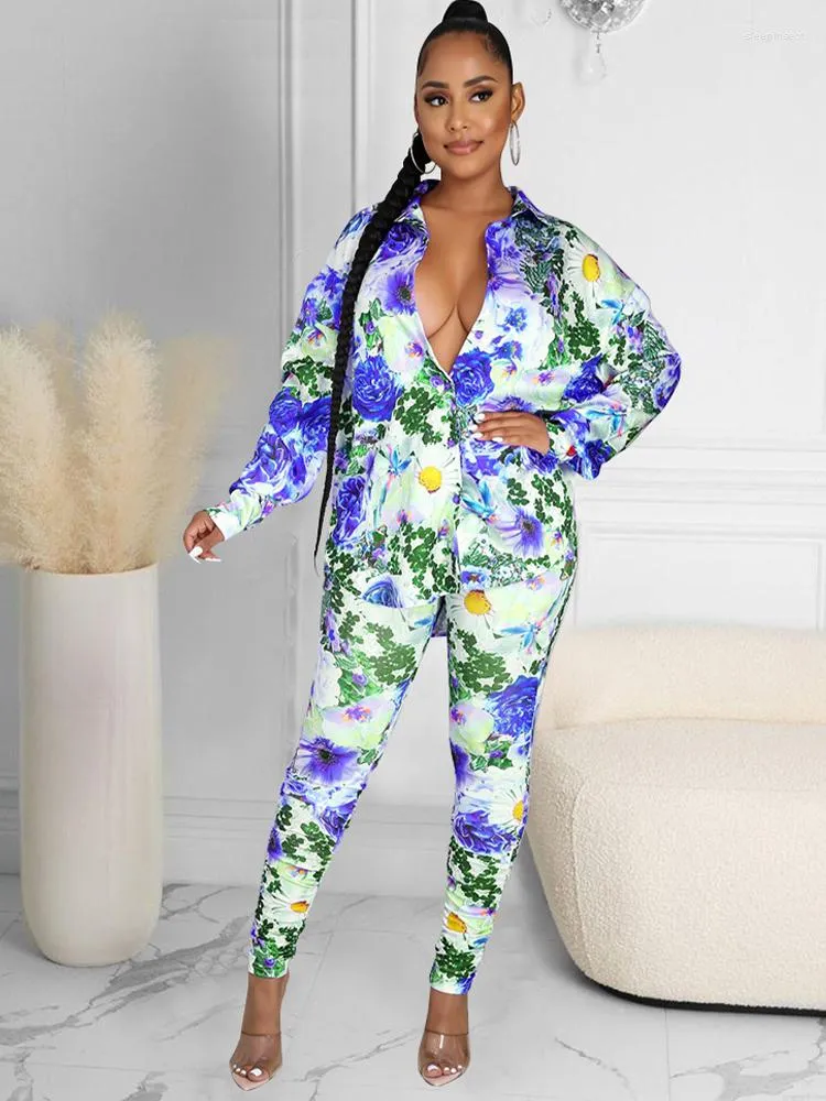 Damesblouses bloemenprint tweedelige set dames casual turn-down kraag shirt met lange mouwen en hoge taille hipster legging sweatsuit dames