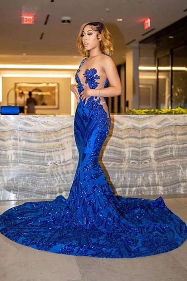 Royal Blue Glitter Sequined Lace Evening Dresses Arabic Aso Ebi Sexy See Through Top Formal Prom Party Gowns Slim and Flare Long Mermaid Special Occasion Dress CL2006