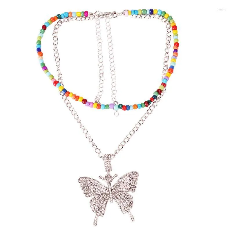 Pendant Necklaces Double Layer Necklace Fashion Rhinestone Butterfly Decor Chain Bead Jewelry Accessories Party Dress Up