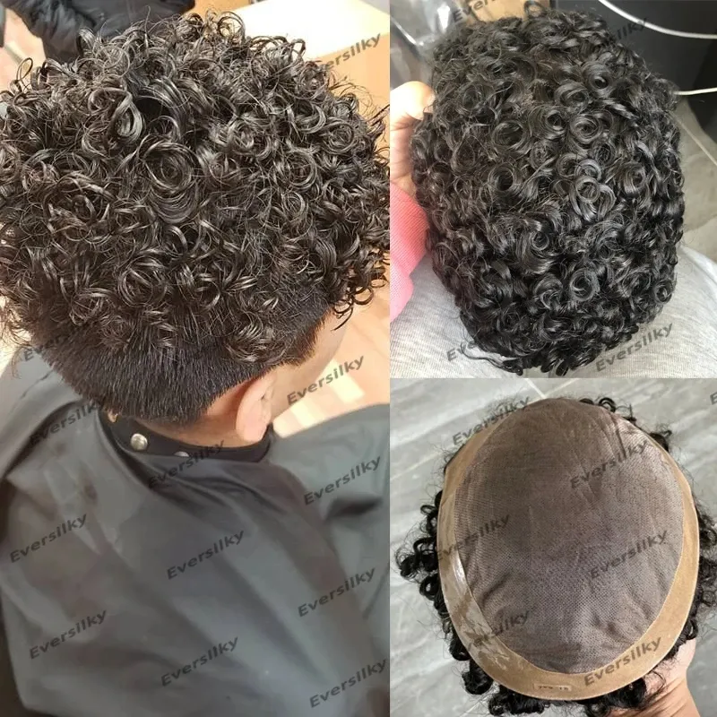 Doğal görünüm koyu kahverengi 18mm kıvırcık erkekler toupee ince monopu taban erkek peruk değiştirme 100% insan saçı parçaları sistem protez