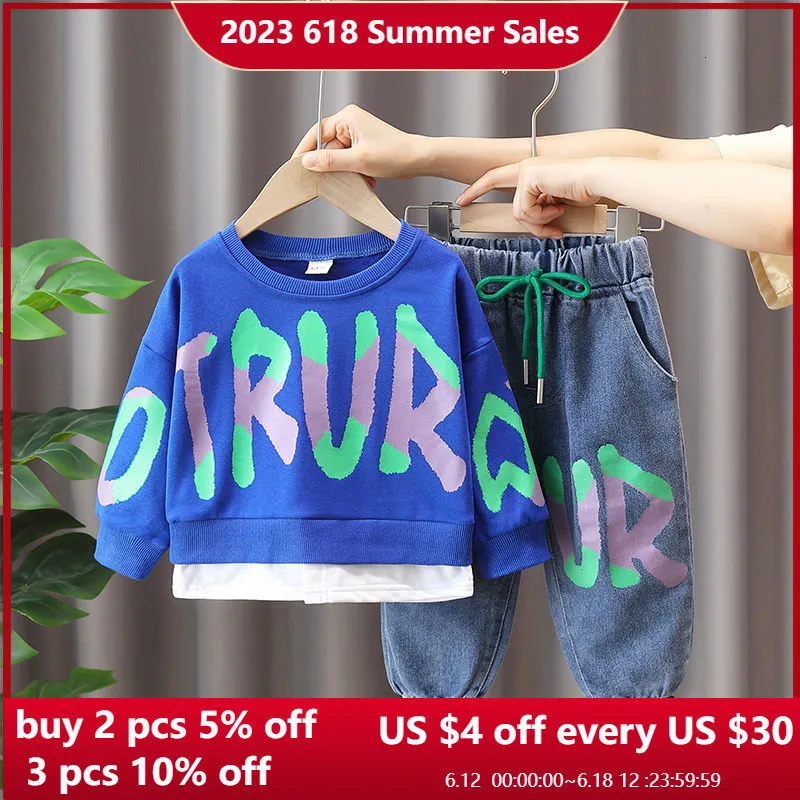 Clothing Sets Boys Sweater Suit Spring Sets Casual Children's Tracksuit Letter Fake Two-Piece Top and Jeans Set Fashion Outfits For 2-10Y 230614