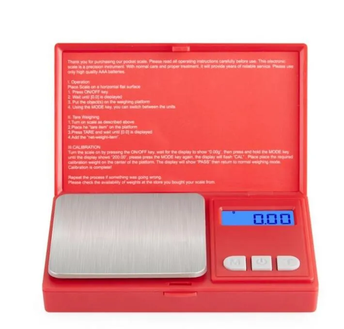 Pocket 100/200/500g x 0.01g 500g/1000g x 0.1 Vierkante Digitale Weegschaal Rode elektronische Precieze Sieraden Schaal Hoge precisie Keukenweegschalen
