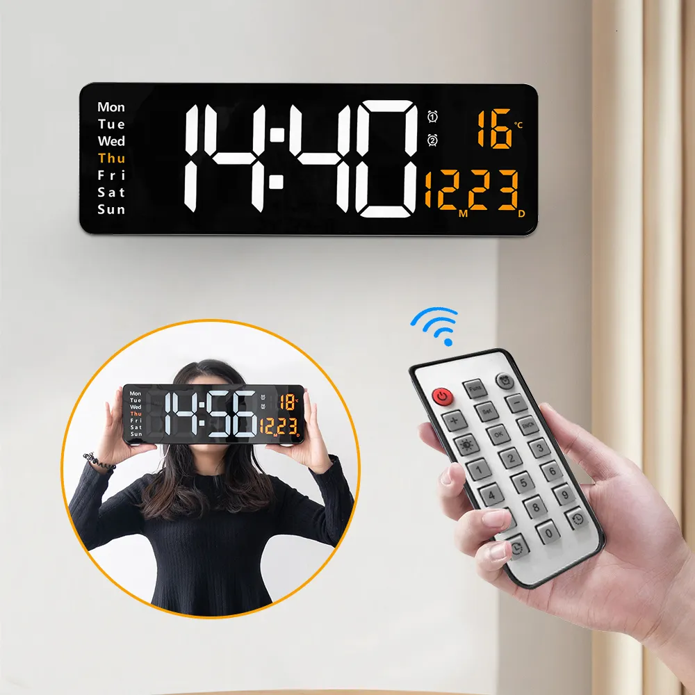 Wall Clocks LED Wall Digital Clock Large Display Wall-mounted Remote Control Temp Date Week Dual Alarms Electronic House Clock for Home Gym 230614