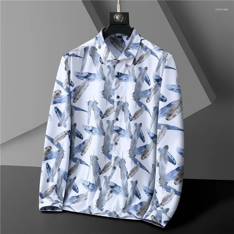 Men's Casual Shirts Hawaii Beach Long Sleeve Plus Shirt Feather Print Men's Button-Down Male Female White Black Clothing 5XL 6XL 7XL 8XL