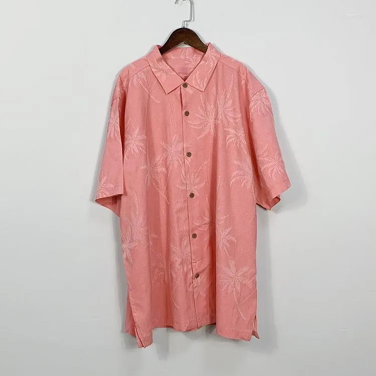 Men's Casual Shirts Summer Clothes For Men Silk Shirt Short Sleeve Coconut Palm Jacquard Weave Pink Loose Plus Size XL