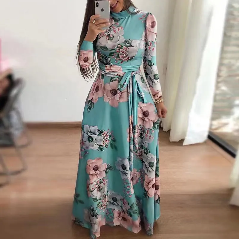 Grundläggande avslappnade klänningar Kvinnor Spring Autumn Long Dress Casual Long Sleeve Boho Floral Print Maxi Dress Turtleneck Bandage Elegant Party Dresses 230615