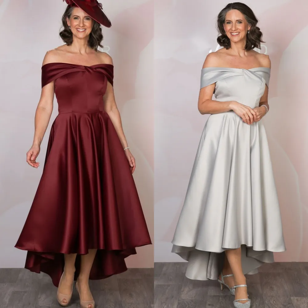 Bourgogne mère de la mariée/robe de mariée 2024 Hi-Lo Satin A-ligne hors épaule événement formel Occasion spéciale Cocktail porter robe mariage invité demoiselle d'honneur argent