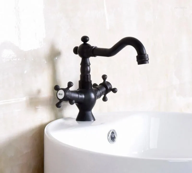 Robinets de lavabo de salle de bain Laiton huilé noir Double poignées croisées Mitigeur de lavabo Robinet de navire Bec pivotant / Monté sur le pont Wnf145