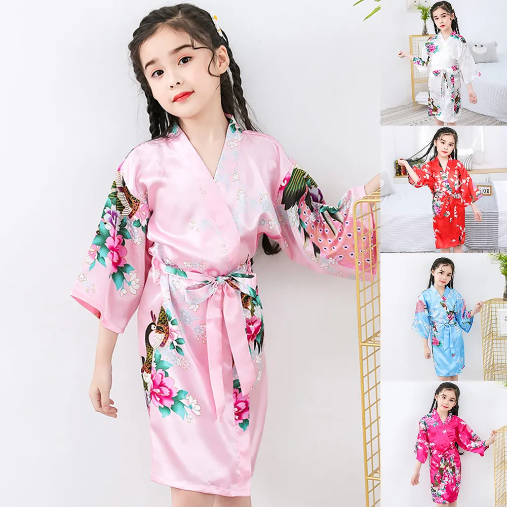 childrens silk dressing gown Kids Solid Satin Rayon Kimono Robe Bridesmaid Solid Bathrobe Children Nightgown Sleepwear Dressing Gown