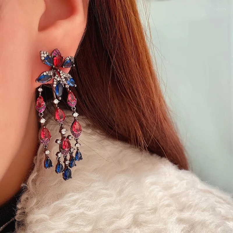 Dangle Earrings Colorful Black Color Flowers Water Droplets Tassel Long High Quality Cubic Zircon Crystal Women Fashion Banquet Jewelry