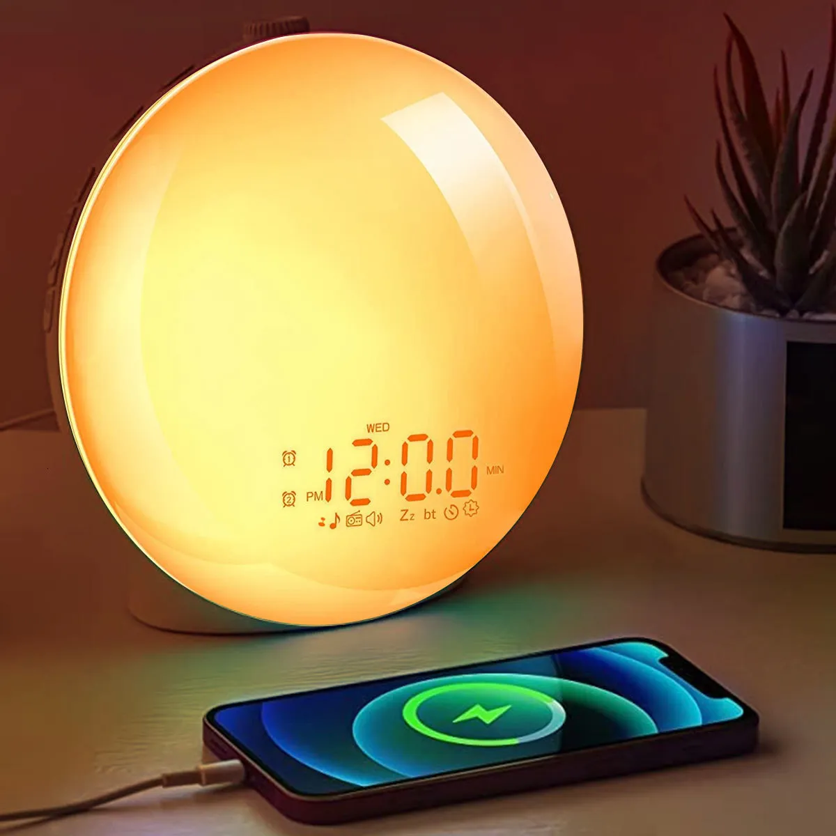 Escritorio Relojes de mesa Amanecer Reloj despertador Pantalla completa inteligente Despertar Luz Amanecer y puesta de sol Simulación 14 colores Lámpara solar de cabecera Luz solar portátil 230615