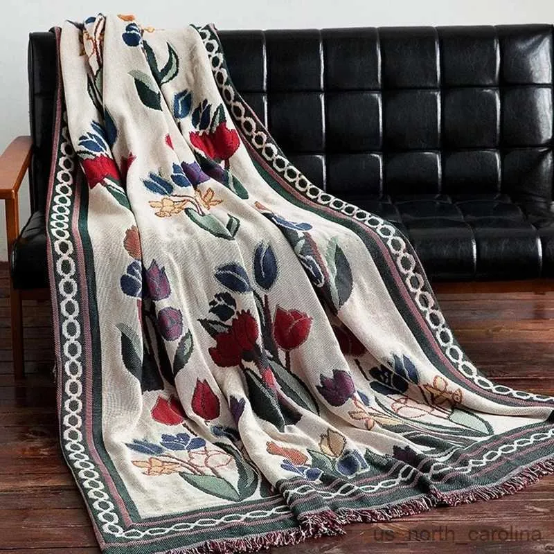 Filt tulpan blommor filt vintage kast soffa täcker stickad sängäcke blommig europa stil utomhus camping rese filt r230615