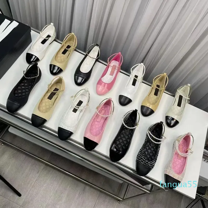 2023 حذاء Designer Ballet Shoe Spring Autumn Pearl Gold Chain Fashion New Flat Boat Shoe Lady Lazy Dance Laiders Black Women Shoes Size 34-41-42