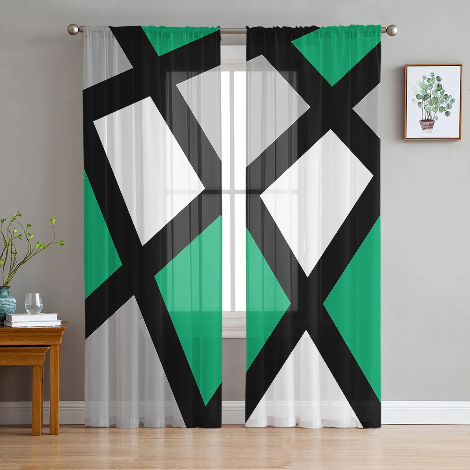 Curtain Jade Green Black Grey Geometric Square Voile Sheer Curtains Living Room Window Tulle Kitchen Bedroom Drapes Home Decor 230615