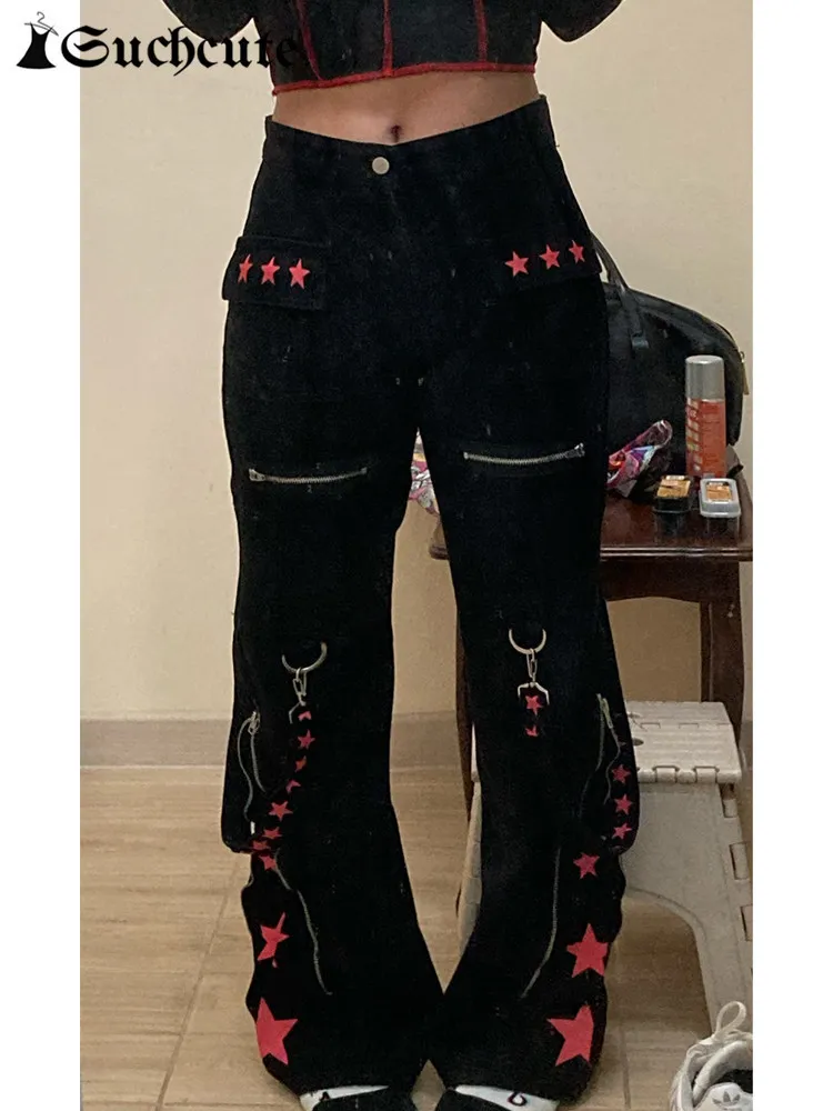 Женские джинсы таковые готические повязки женщины темная академическая низкая талия широкая брюки Harajuku Vintage Emo Hip Hop Denim Denim Брюки панк 230614