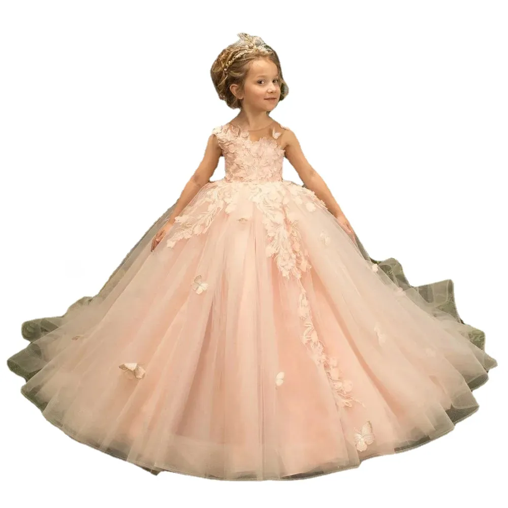 Dusty Pink Puff Ball Gown Flower Girl Dresses For Wedding Party 3D Flowers Princess Kids Formal Wear Little Girl's Pageant Gowns Toddler First Communion Dress